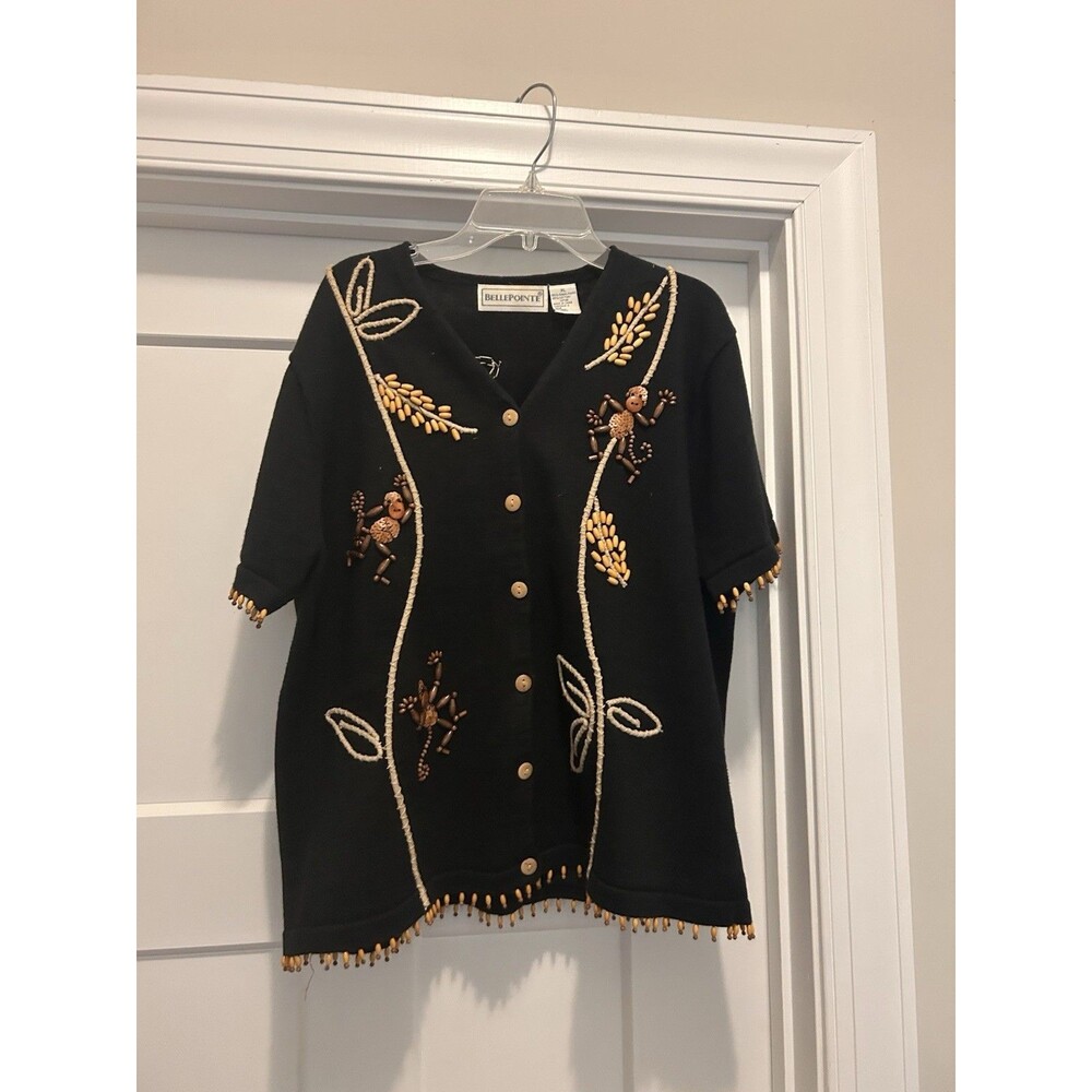 Vintage Monkey Sweater Black Wood Beads Short Sleeve Women's Xl Whimsy Teacher